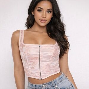 Pink Satin pretty little thing Floral Zip-Front Crop Top: corset
